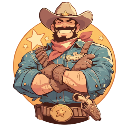 The Mr. Jed's cowboy mascot, arms crossed and grinnin'