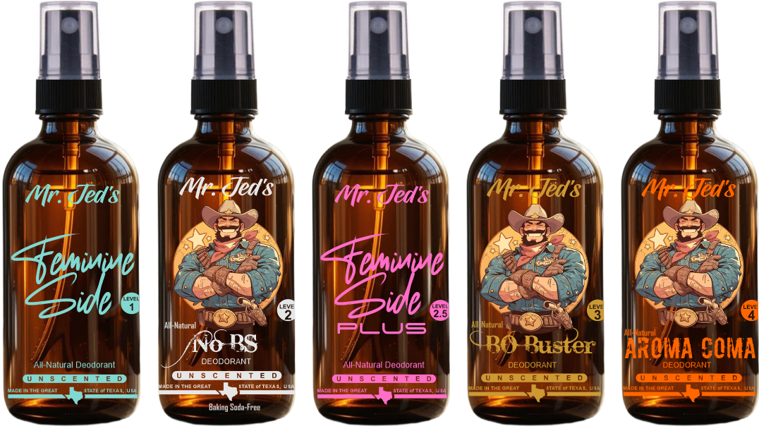 The whole Mr. Jed's lineup — all five all-natural deodorant bottles side by side